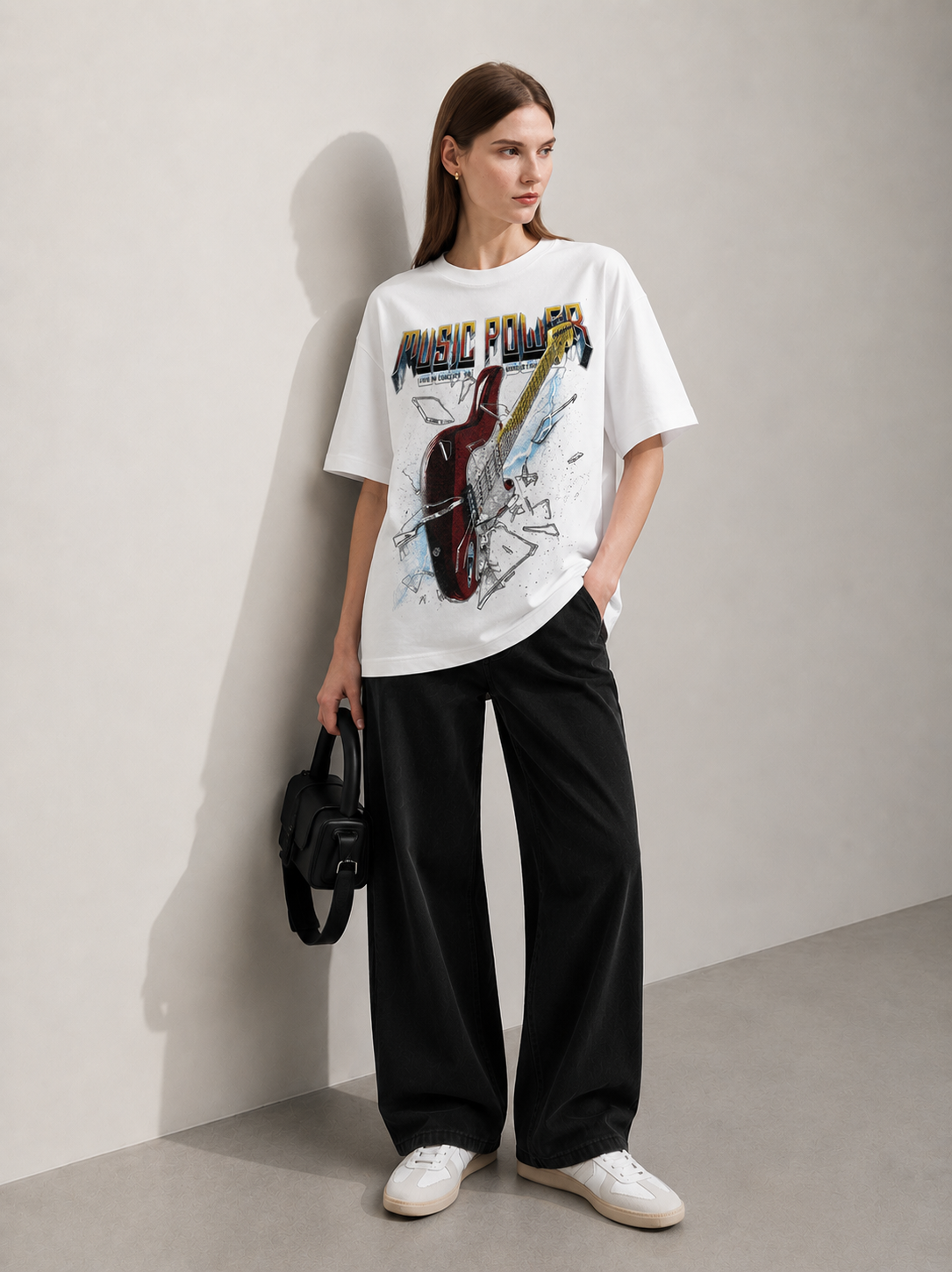 Electric Pulse White Women Tee - Oversized Graphic T-Shirt Side View | Cool Bee India