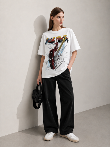 Electric Pulse White Women Tee - Oversized Graphic T-Shirt Side View | Cool Bee India