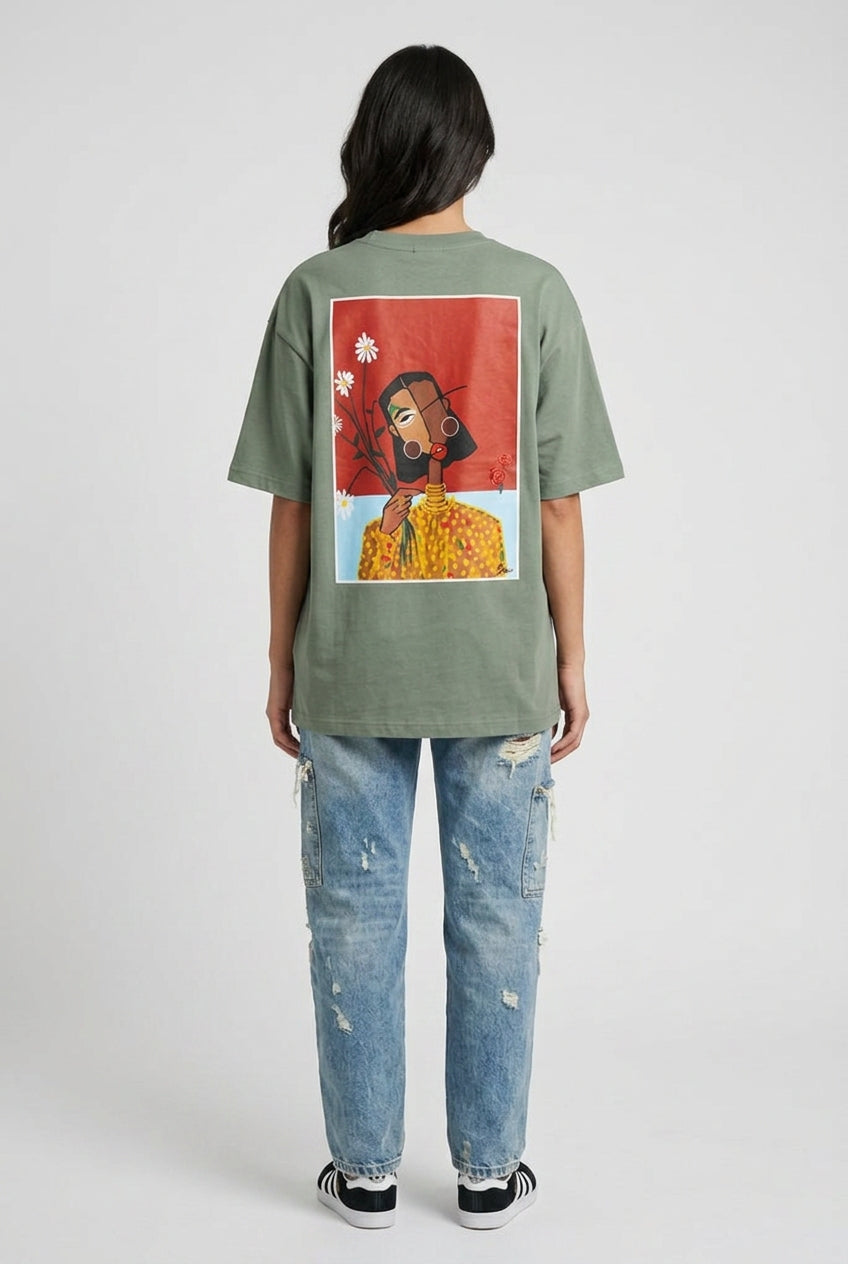 Cool Bee Cubist Bloom Oversize Tee Green for Women - Oversized Graphic Tee Streetwear India - Lifestyle View