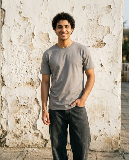 Cool Bee Essential Cotton Crew Neck T-Shirt Stone Gray for Men - Stone Graphic Tee India - Back View