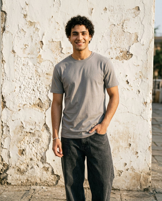 Cool Bee Essential Cotton Crew Neck T-Shirt Stone Gray for Men - Stone Graphic Tee India - Back View