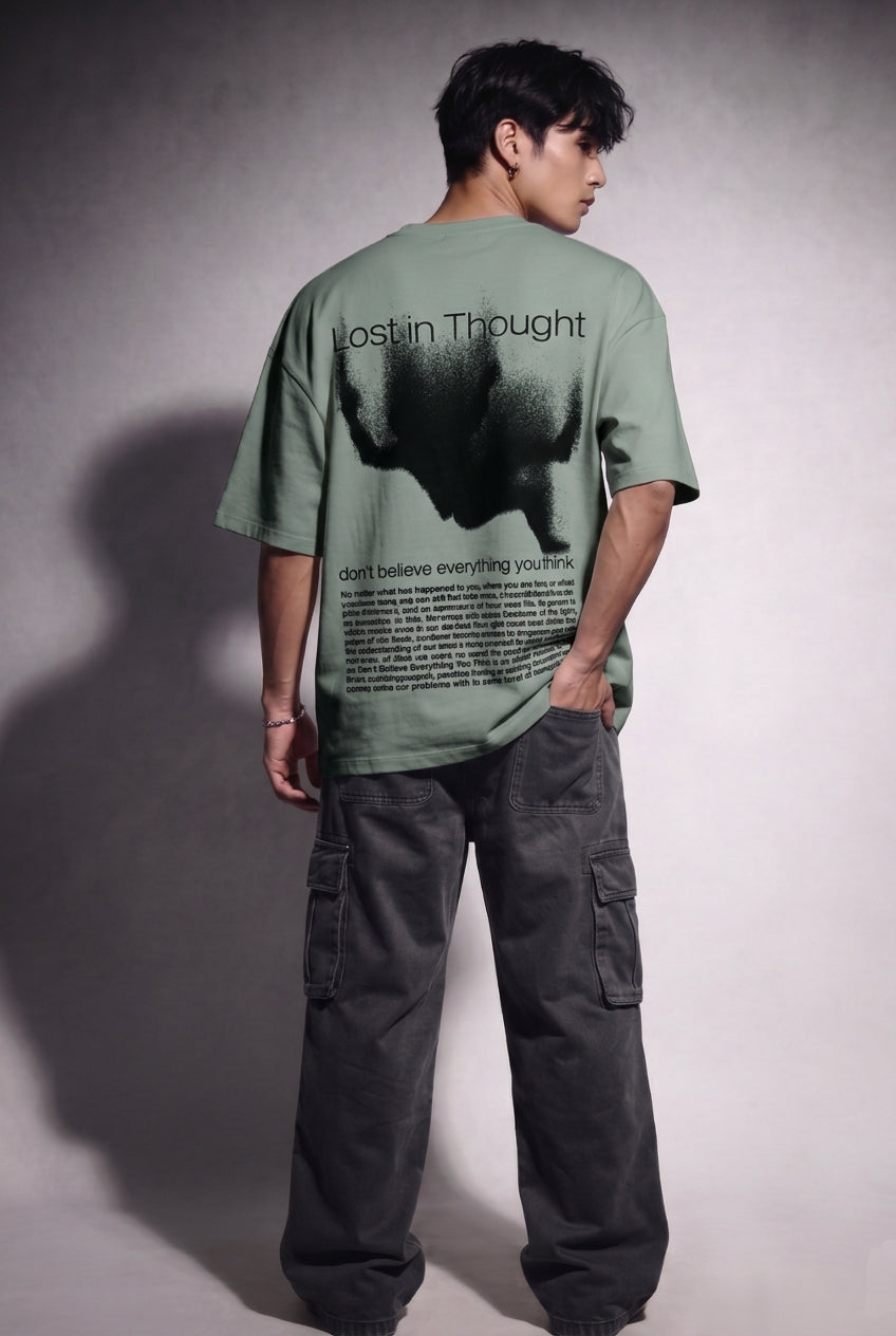 Cool Bee Lost in Thought Tee Green for Men - Green Oversized Graphic Tee Streetwear India - Lifestyle View