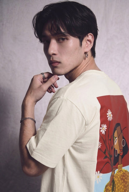 Cool Bee Cubist Bloom Oversize Tee White for Men - White Oversized Graphic Tee Streetwear India - Lifestyle View