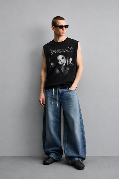 Black tank top with bold distressed band-style lettering above a black-and-white photo collage of three musicians.