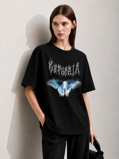 Soundwave Black Women Tee - Oversized Graphic T-Shirt Detail View | Cool Bee India