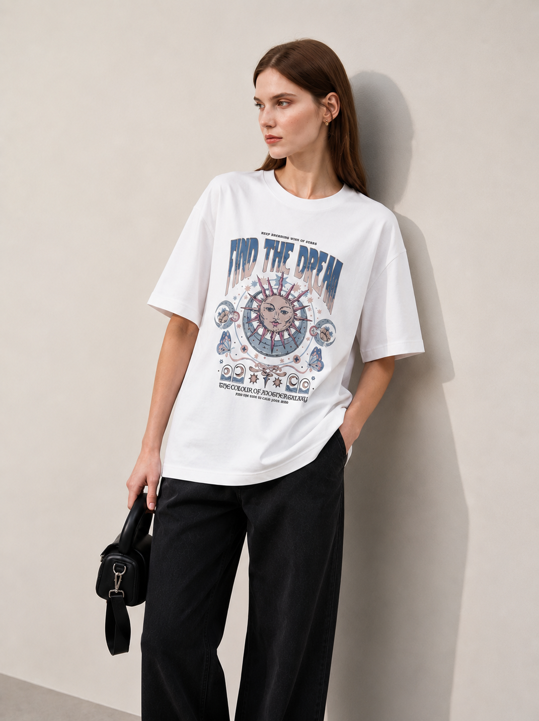 Cosmic Muse White Women Tee - Oversized Graphic T-Shirt Back View | Cool Bee India