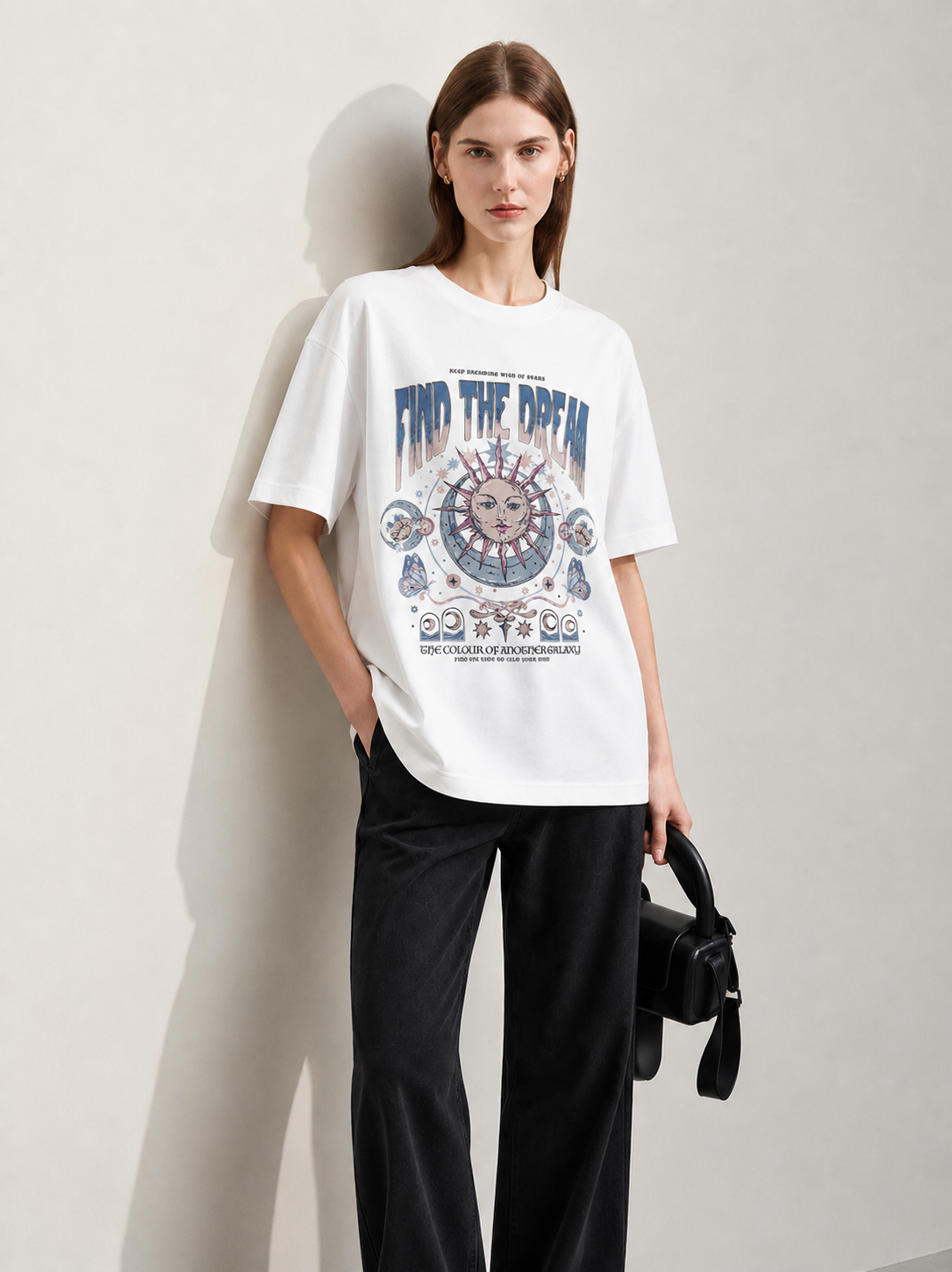Cosmic Muse White Women Tee - Oversized Graphic T-Shirt Front View | Cool Bee India