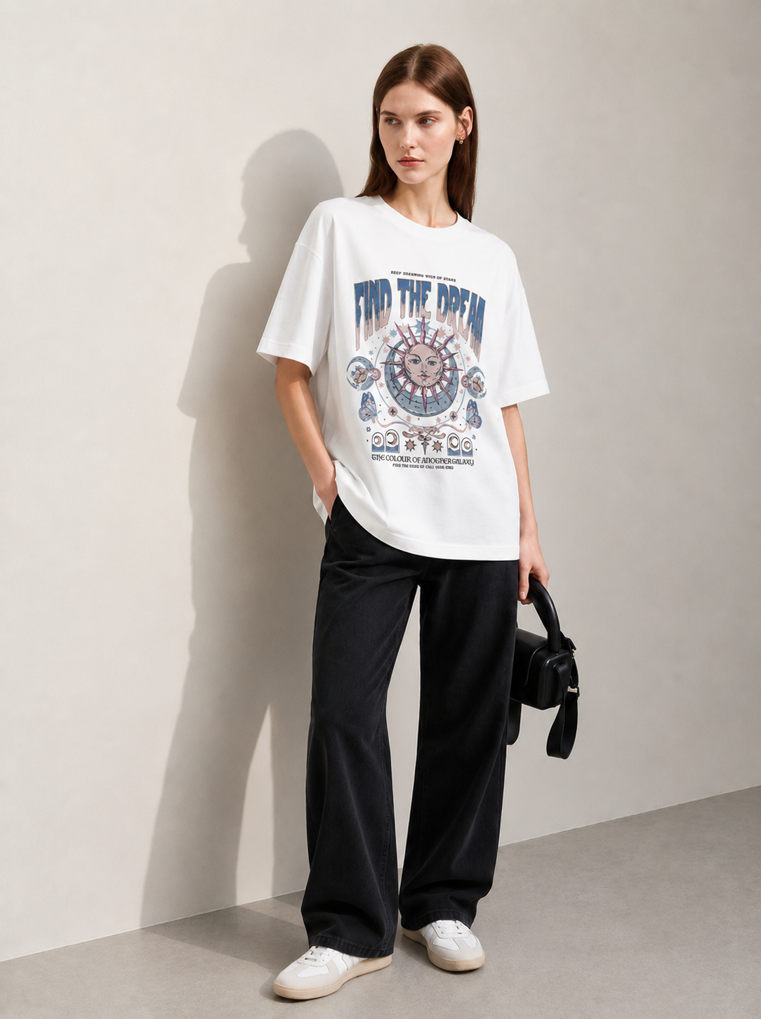 Cosmic Muse White Women Tee - Oversized Graphic T-Shirt Detail View | Cool Bee India