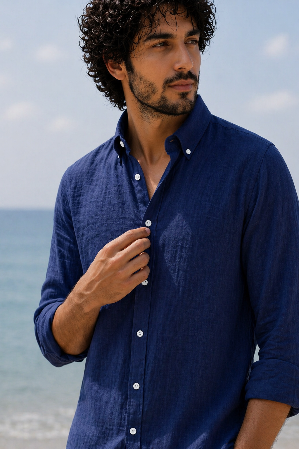 Cool Bee Linen Casual Shirt Blue for Men - Blue Linen Casual Shirt Breathable India - Detail View