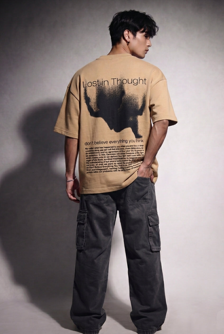 Cool Bee Lost in Thought Tee Beige for Men - Beige Oversized Graphic Tee Streetwear India - Lifestyle View