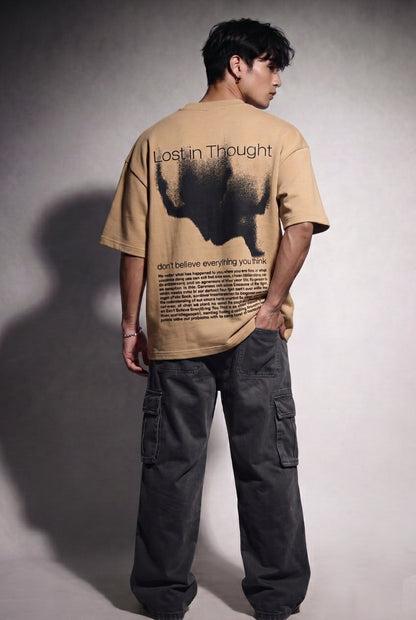 Cool Bee Lost in Thought Tee Beige for Men - Beige Oversized Graphic Tee Streetwear India - Lifestyle View