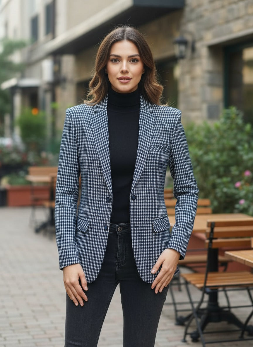 Houndstooth blazer blends classic style