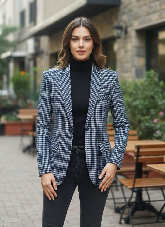 Houndstooth blazer blends classic style