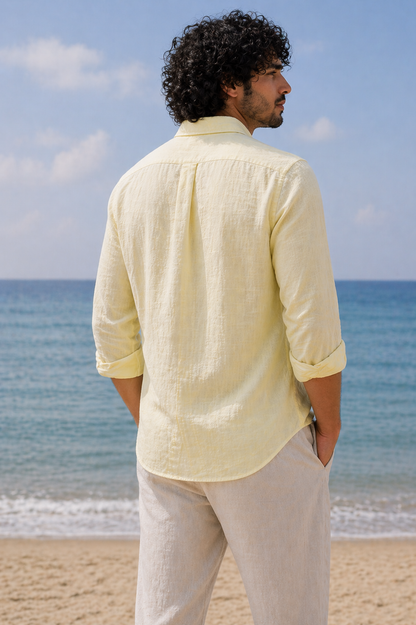 Cool Bee Linen Casual Shirt Yellow for Men - Yellow Linen Casual Shirt Breathable India - Back View