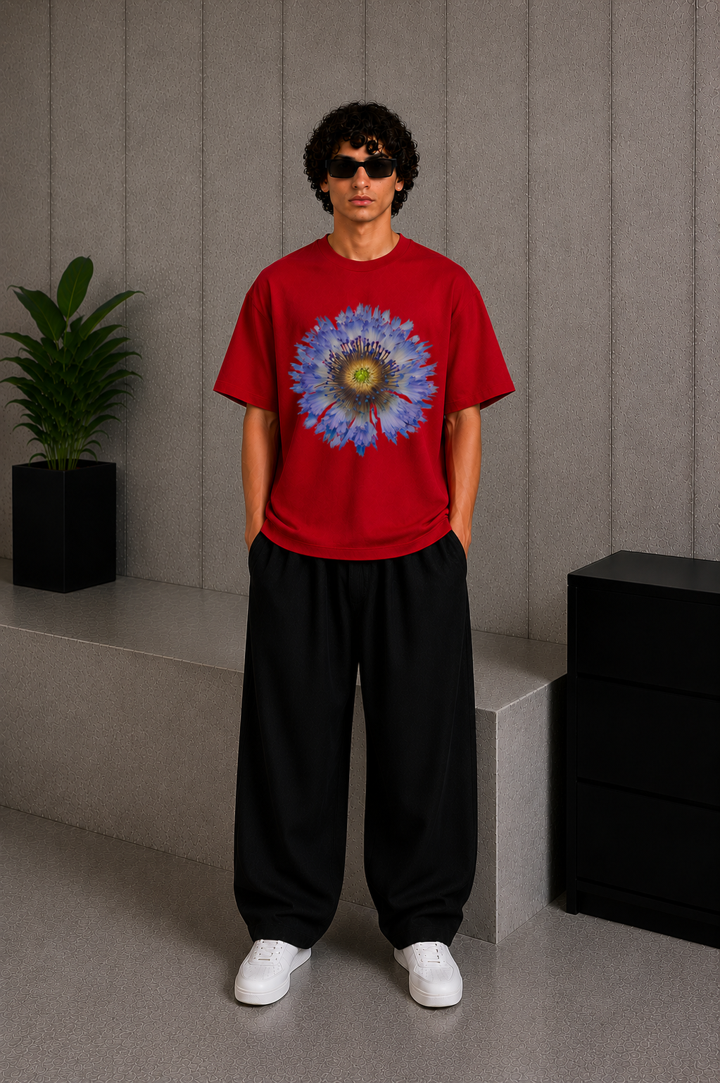 Cool Bee Focal Flora Tee Red for Men - Red Oversized Graphic Tee Streetwear India - Detail View