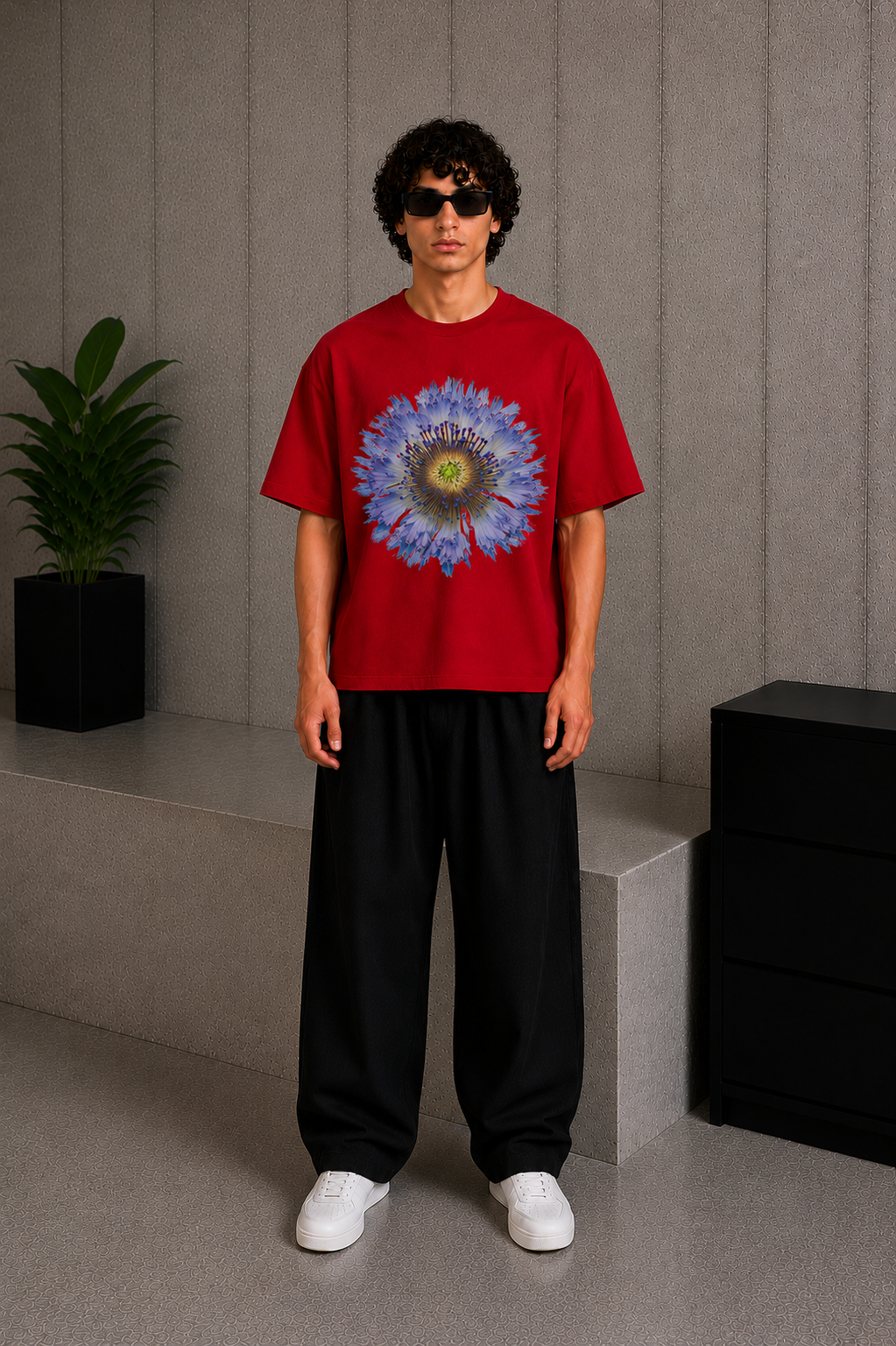 Cool Bee Focal Flora Tee Red for Men - Red Oversized Graphic Tee Streetwear India - Lifestyle View