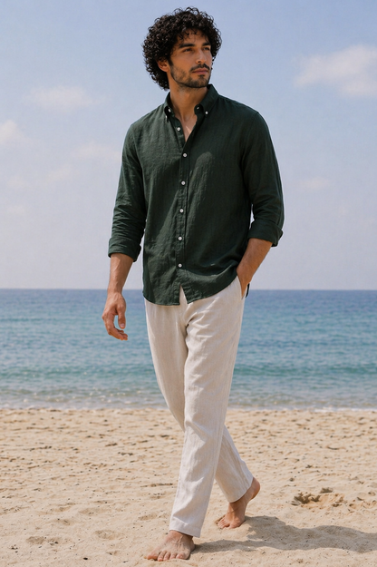 Cool Bee Linen Casual Shirt Bottle Green for Men - Linen Casual Shirt Breathable India - Lifestyle View