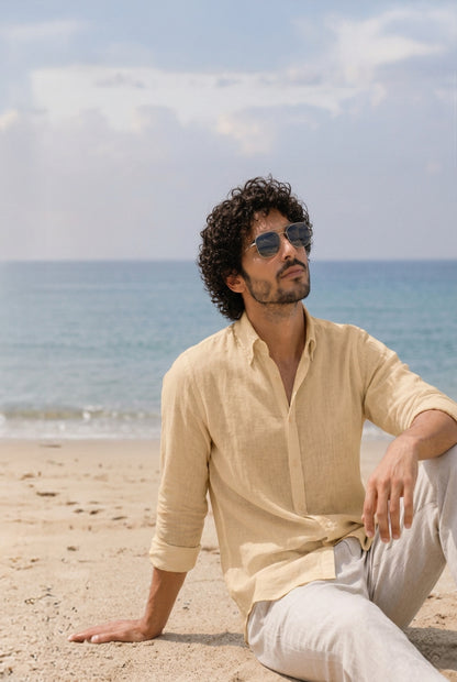 Cool Bee Linen Casual Shirt Beige for Men - Beige Linen Casual Shirt Breathable India - Lifestyle View