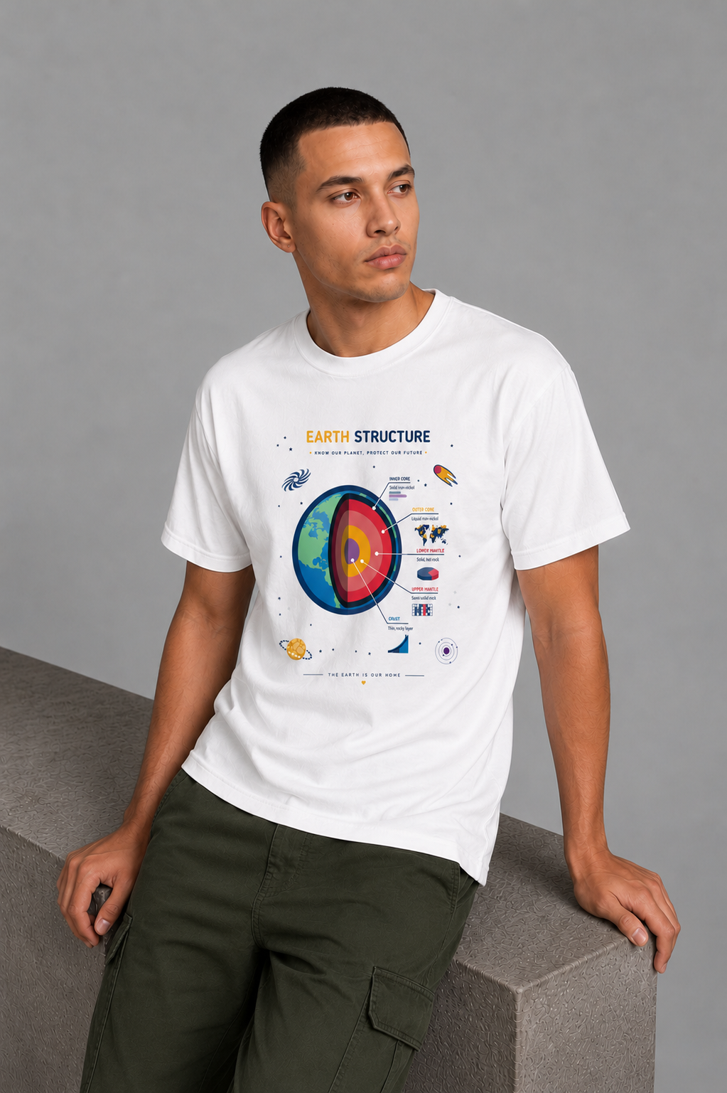 Cool Bee Earth Structure Tee White for Men - White Oversized Graphic Tee Streetwear India - Detail View