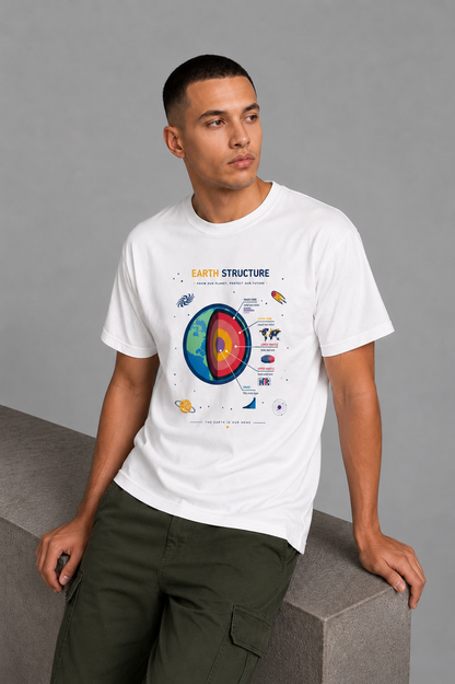 Cool Bee Earth Structure Tee White for Men - White Oversized Graphic Tee Streetwear India - Detail View
