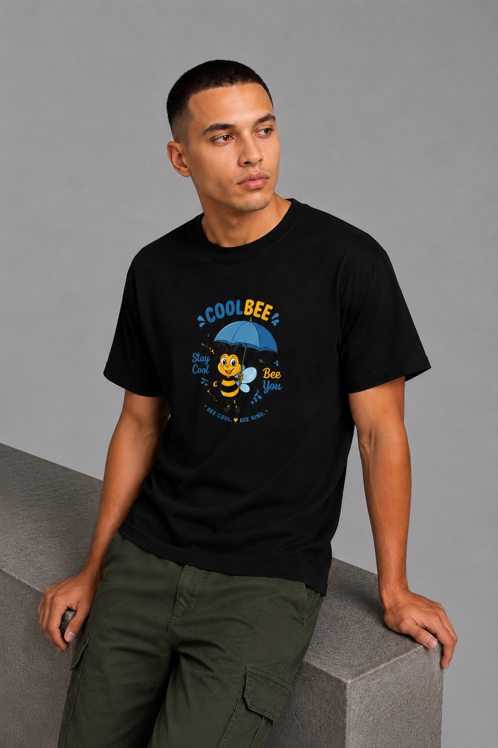 Cool Bee Stay Cool Tee Black for Men - Black Oversized Graphic Tee Streetwear India - Detail View