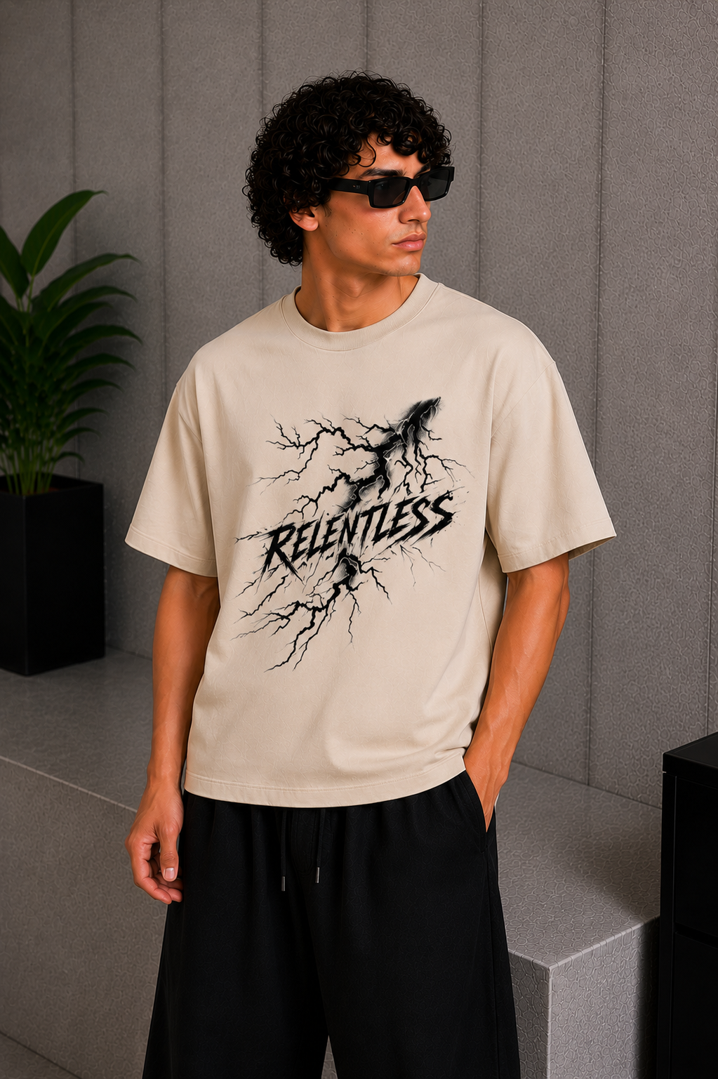 Cool Bee Relentless Tee Beige for Men - Beige Oversized Graphic Tee Streetwear India - Detail View