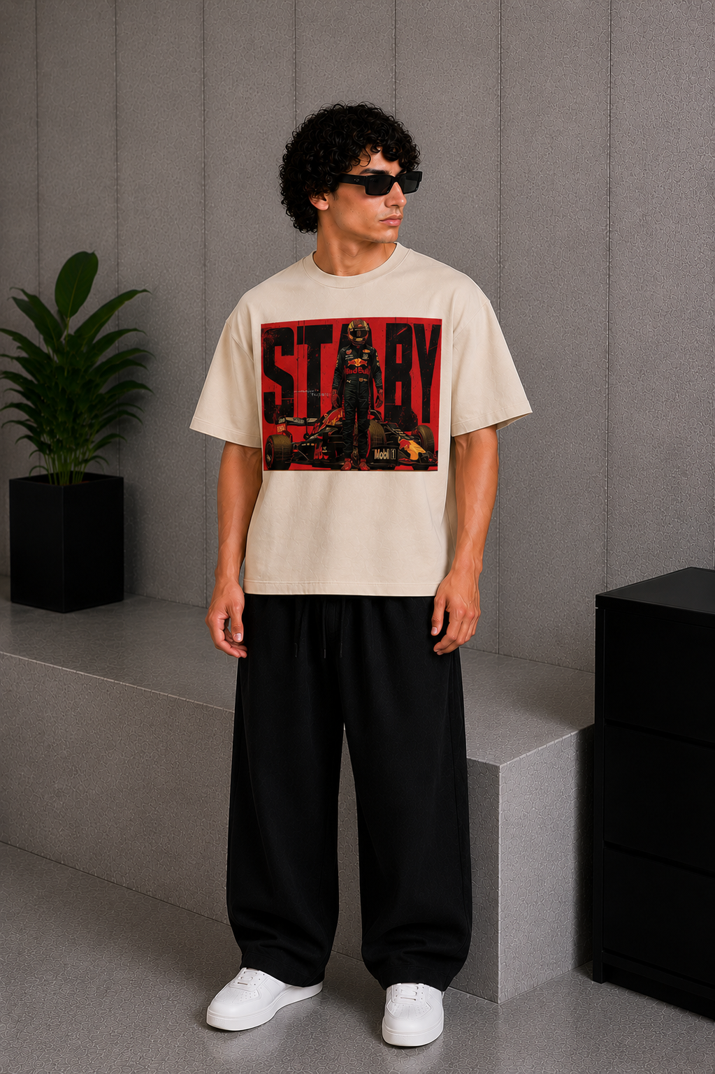 Cool Bee Star Boy Tee Beige for Men - Beige Oversized Graphic Tee Streetwear India - Lifestyle View