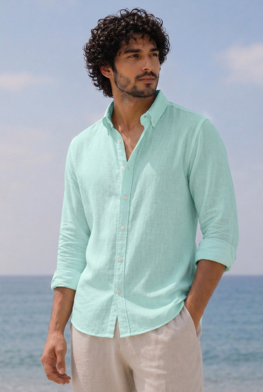 Cool Bee Linen Casual Shirt Mint Green for Men - Mint Green Linen Casual Shirt Breathable India - Lifestyle View