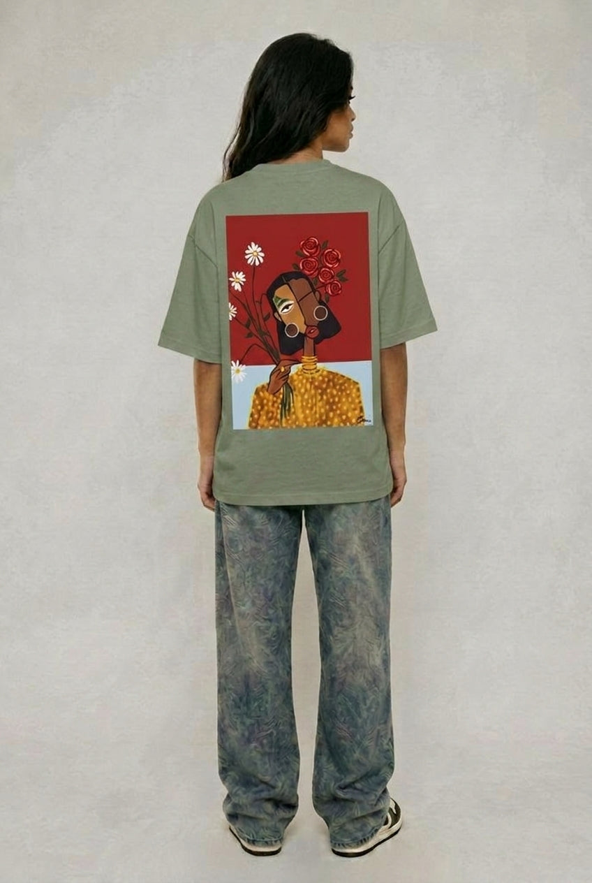 Cool Bee Cubist Bloom Oversize Tee Green for Women - Oversized Graphic Tee Streetwear India - Detail View