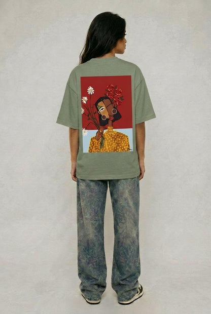 Cool Bee Cubist Bloom Oversize Tee Green for Women - Oversized Graphic Tee Streetwear India - Detail View
