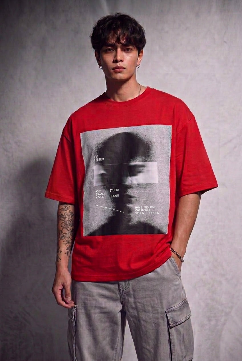 Cool Bee Blurred Vision Tee Red for Men - Red Oversized Graphic Tee Streetwear India - Lifestyle View