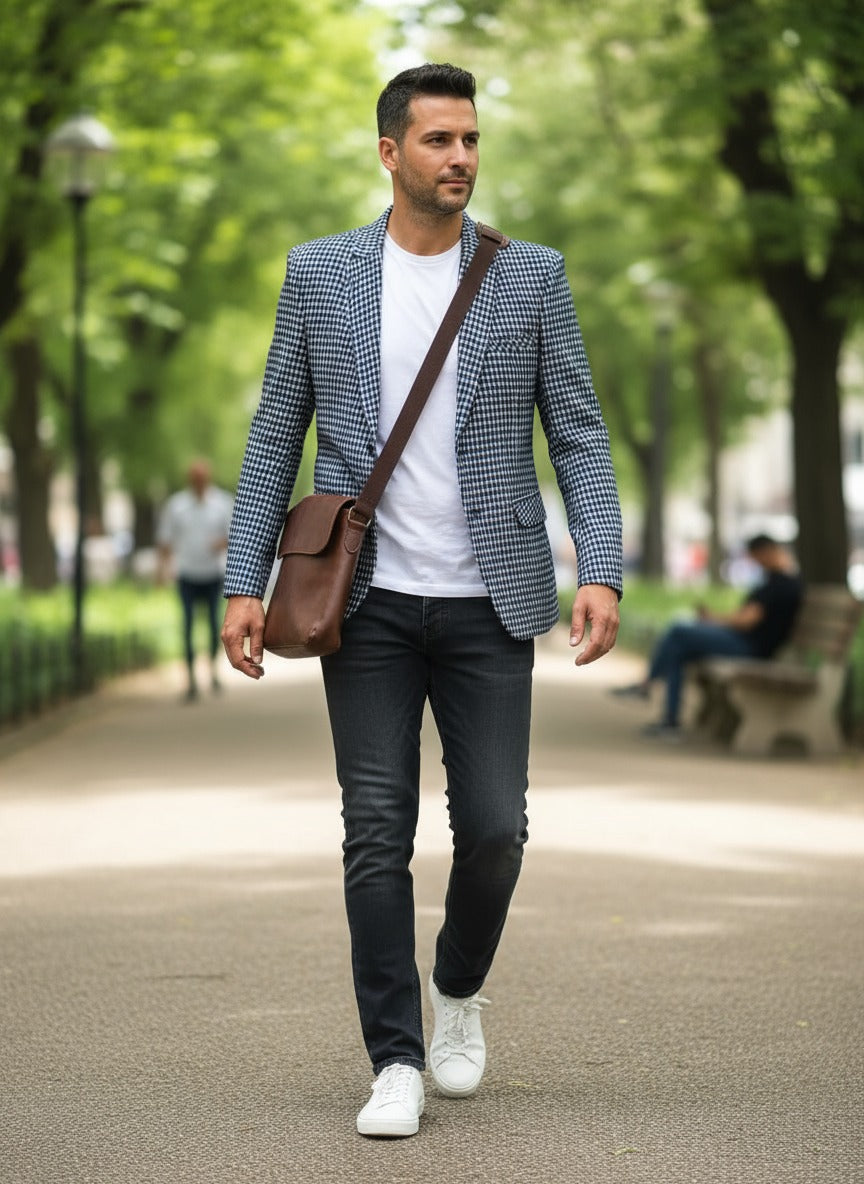 Houndstooth blazer blends classic style
