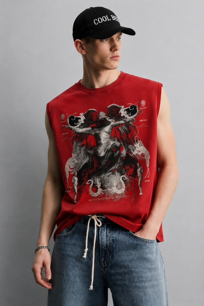 Red tank top with a grayscale classical statue illustration of a winged figure with outstretched arms, surrounded by ornate scroll motifs and small figure details, with 'Both Knife And Wound' text at the bottom.