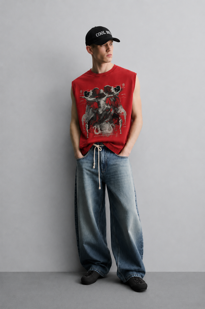 Red tank top with a grayscale classical statue illustration of a winged figure with outstretched arms, surrounded by ornate scroll motifs and small figure details, with 'Both Knife And Wound' text at the bottom.