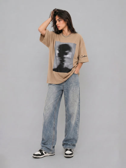 Cool Bee Blurred Vision Tee Beige for Women - Oversized Graphic Tee Streetwear India - Lifestyle View