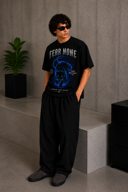 Cool Bee Fear None Tee Black for Men - Black Oversized Graphic Tee Streetwear India - Detail View