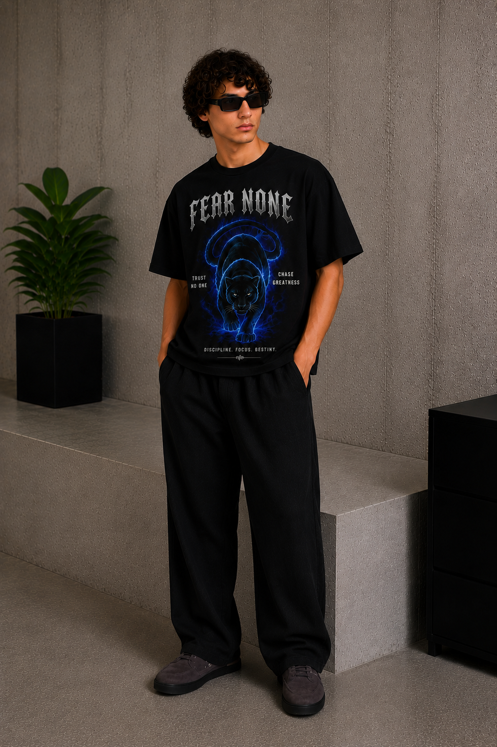 Cool Bee Fear None Tee Black for Men - Black Oversized Graphic Tee Streetwear India - Lifestyle View