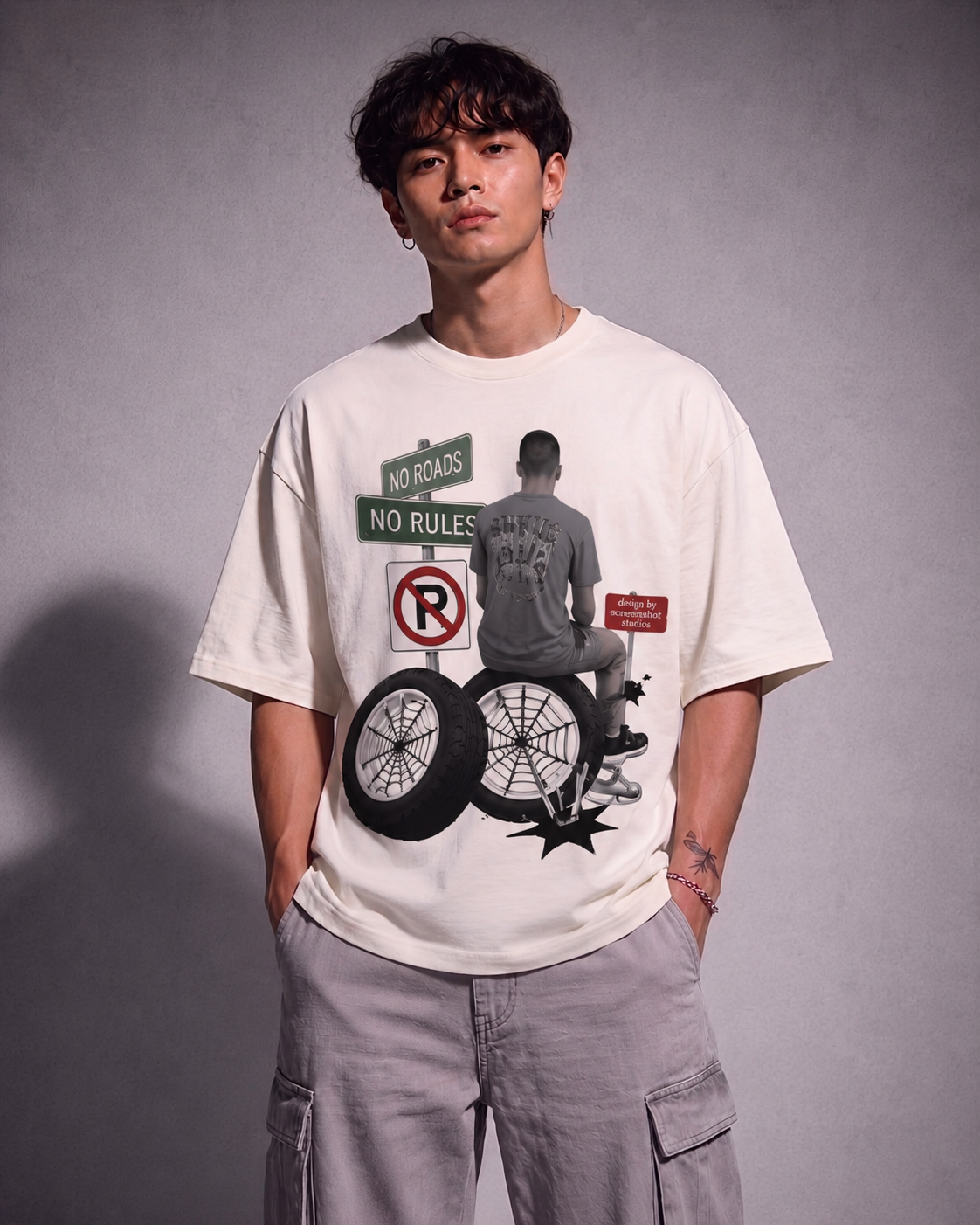 Cool Bee No Roads Tee White for Men - White Oversized Graphic Tee Streetwear India - Front View