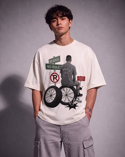 Cool Bee No Roads Tee White for Men - White Oversized Graphic Tee Streetwear India - Front View