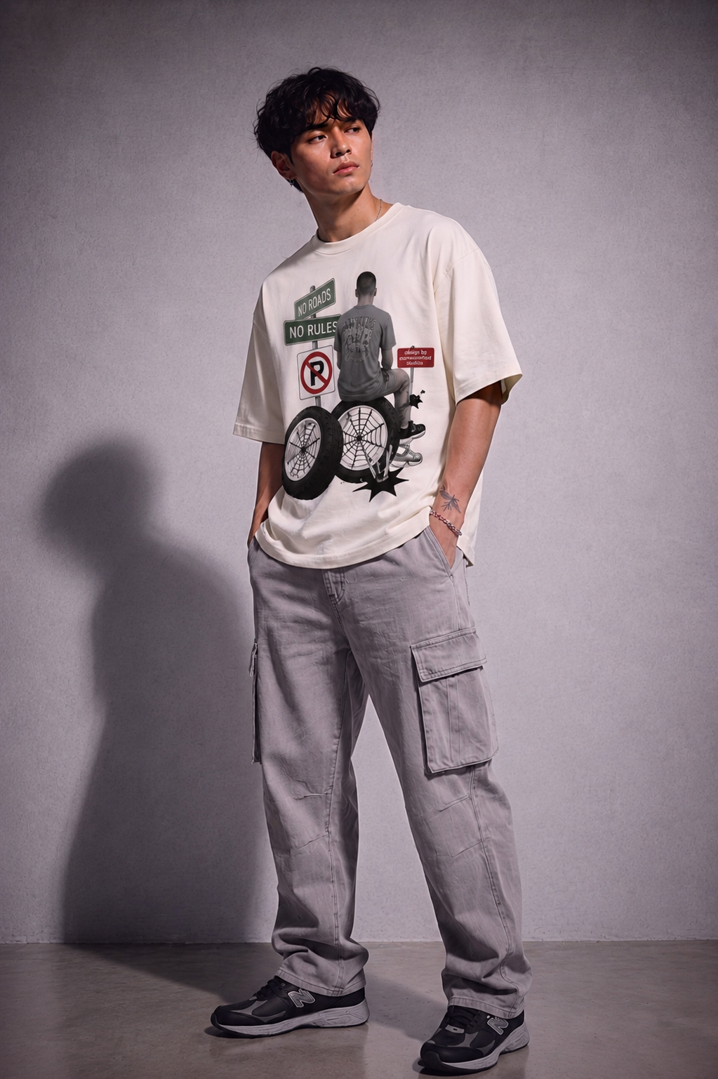Cool Bee No Roads Tee White for Men - White Oversized Graphic Tee Streetwear India - Side View