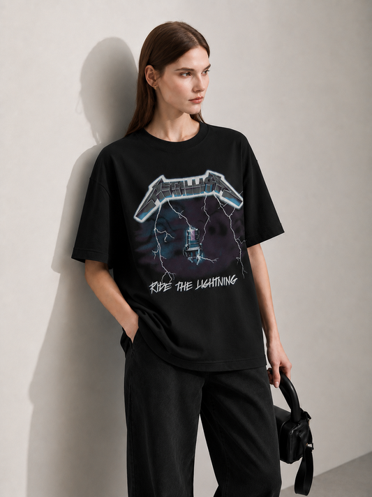 Rock Riot Black Women Tee - Oversized Graphic T-Shirt Front View | Cool Bee India