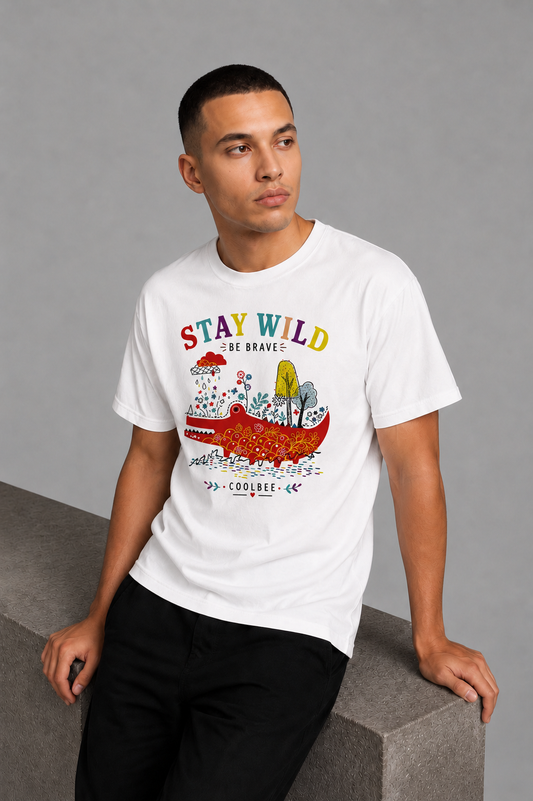 Cool Bee Stay Wild Tee White for Men - White Oversized Graphic Tee Streetwear India