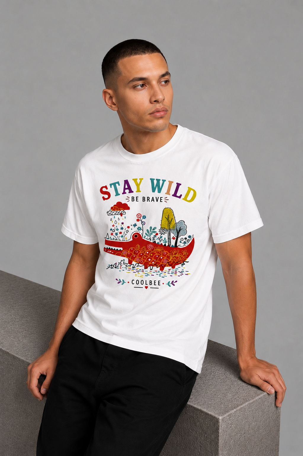Cool Bee Stay Wild Tee White for Men - White Oversized Graphic Tee Streetwear India - Detail View
