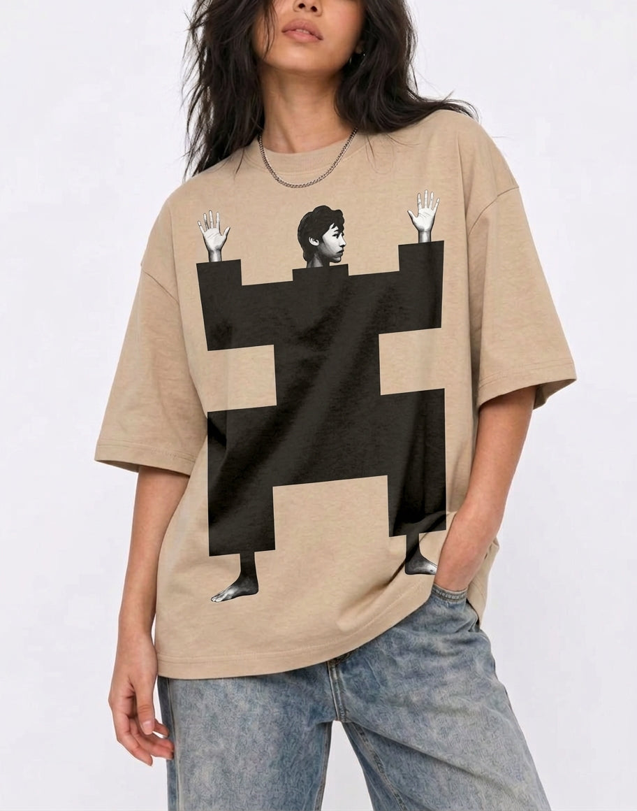Cool Bee Structural Persona Tee Beige for Women - Oversized Graphic Tee Streetwear India - Lifestyle View