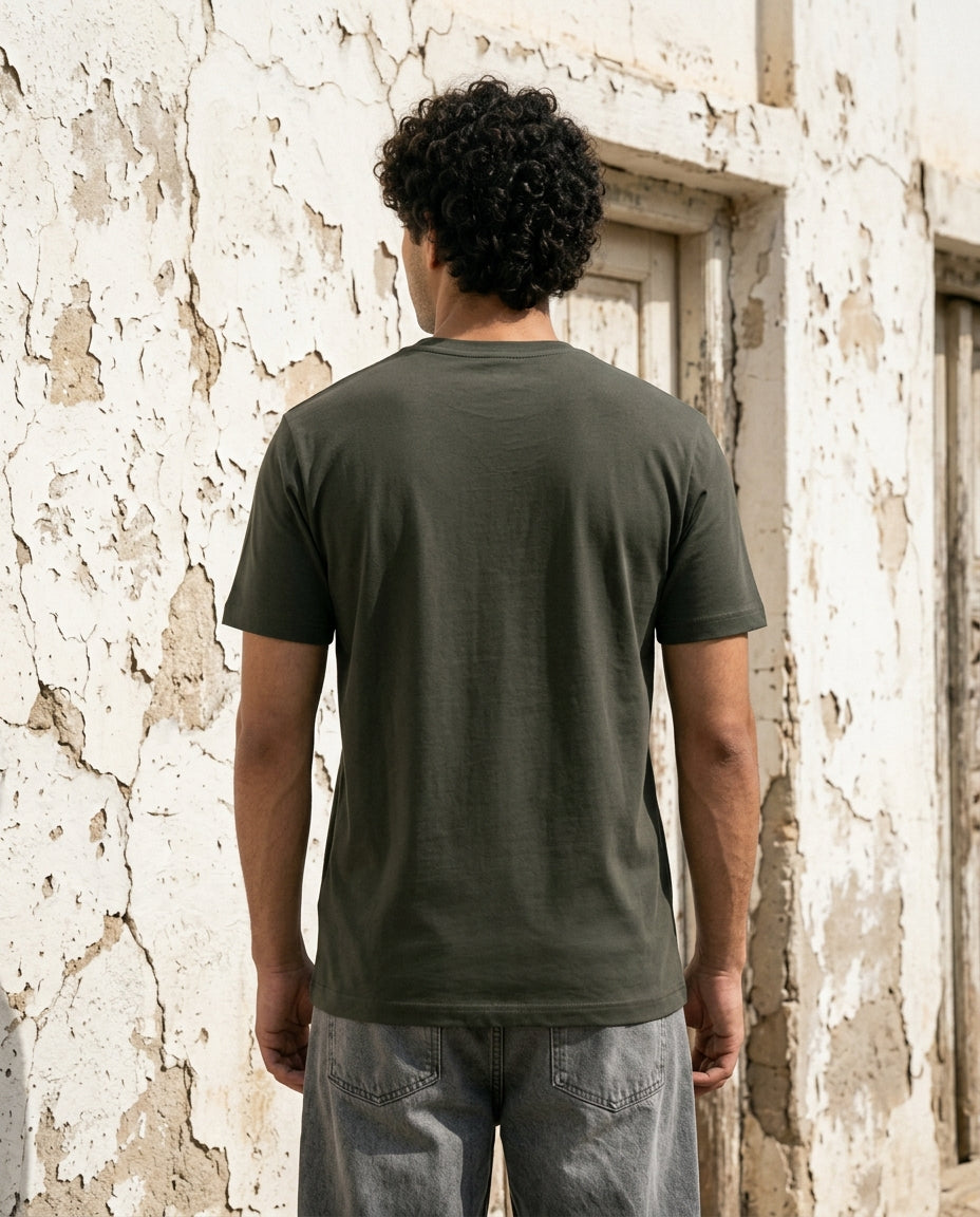 Cool Bee Essential Cotton Crew Neck T-Shirt Olive Green for Men - Olive Green Regular Fit Tee India - Detail View