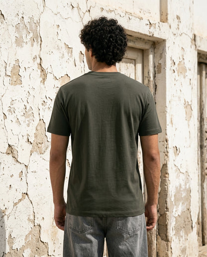 Cool Bee Essential Cotton Crew Neck T-Shirt Olive Green for Men - Olive Green Regular Fit Tee India - Detail View