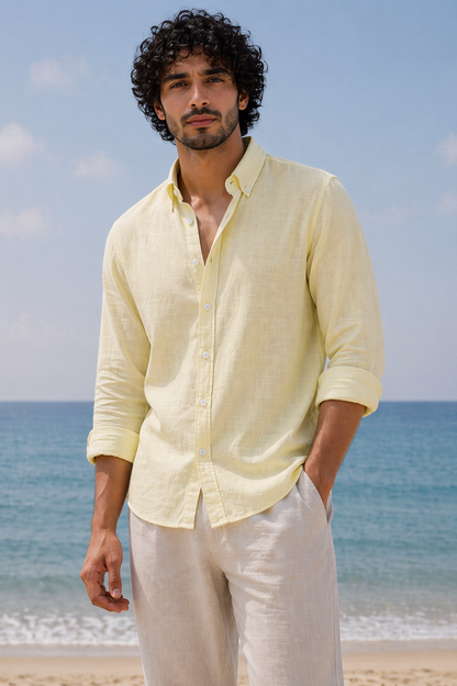 Cool Bee Linen Casual Shirt Yellow for Men - Yellow Linen Casual Shirt Breathable India