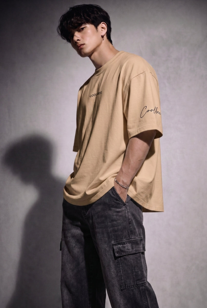 Cool Bee Lost in Thought Tee Beige for Men - Beige Oversized Graphic Tee Streetwear India - Lifestyle View