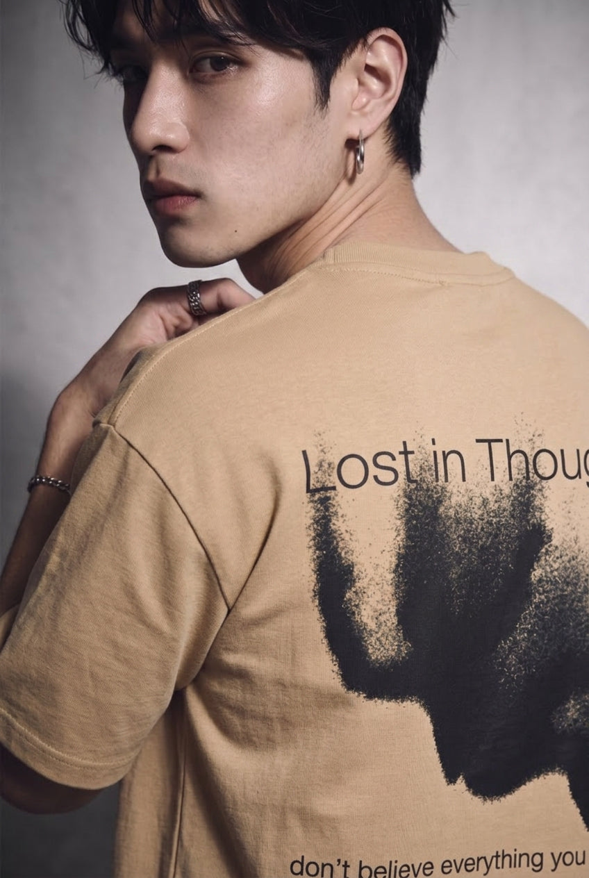 Cool Bee Lost in Thought Tee Beige for Men - Beige Oversized Graphic Tee Streetwear India - Lifestyle View