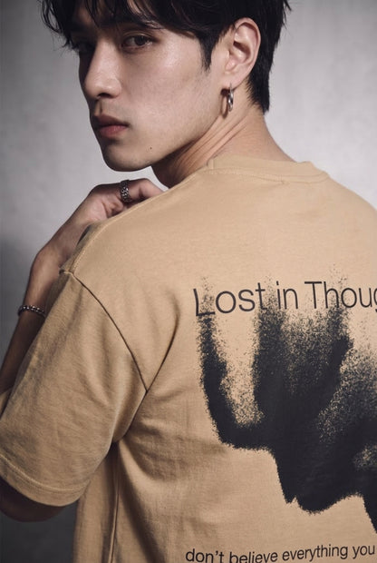 Cool Bee Lost in Thought Tee Beige for Men - Beige Oversized Graphic Tee Streetwear India - Lifestyle View